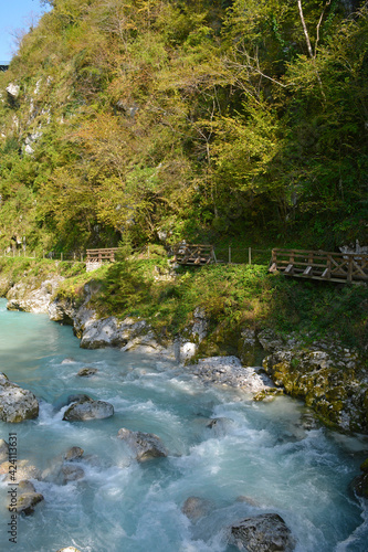 The Tolminka River flowing through Tolmin Gorge in the Triglav National Park, north western Slovenia 