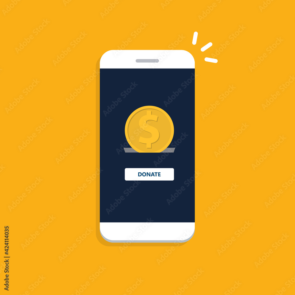 Donate online concept. Smartphone with gold coin and button on screen. Donate online concept. Smartphone with gold coin and button on screen.