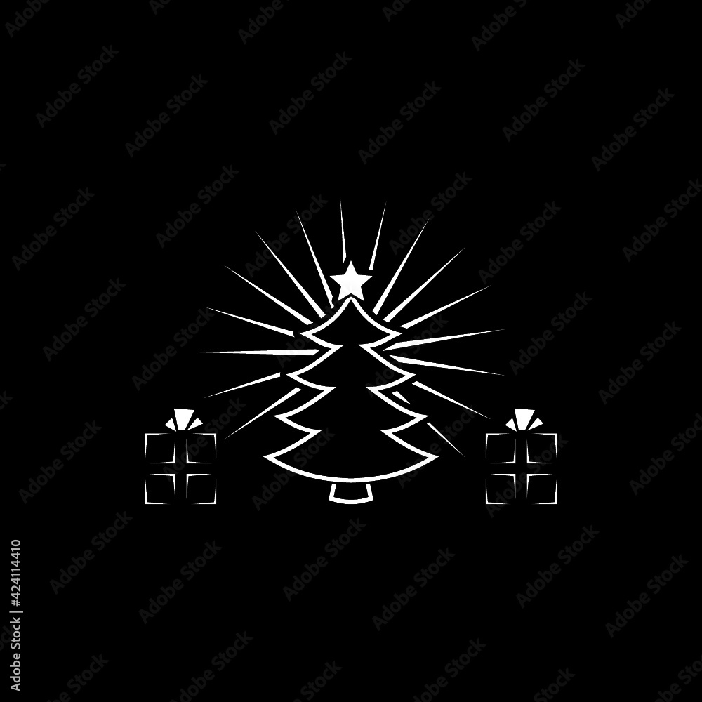 Christmas tree and gift box icon isolated on dark background Christmas tree and gift box icon isolated on dark background