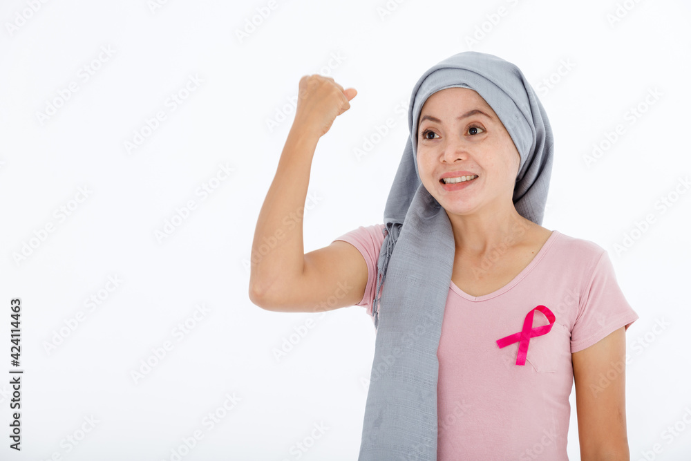 Portrait of a asian women disease mammary cancer patient expressed confidence embolden in pullover holding pink ribbon isolated on white blank copy space studio background,medicine concept Portrait of a asian women disease mammary cancer patient expressed confidence embolden in pullover holding pink ribbon isolated on white blank copy space studio background,medicine concept