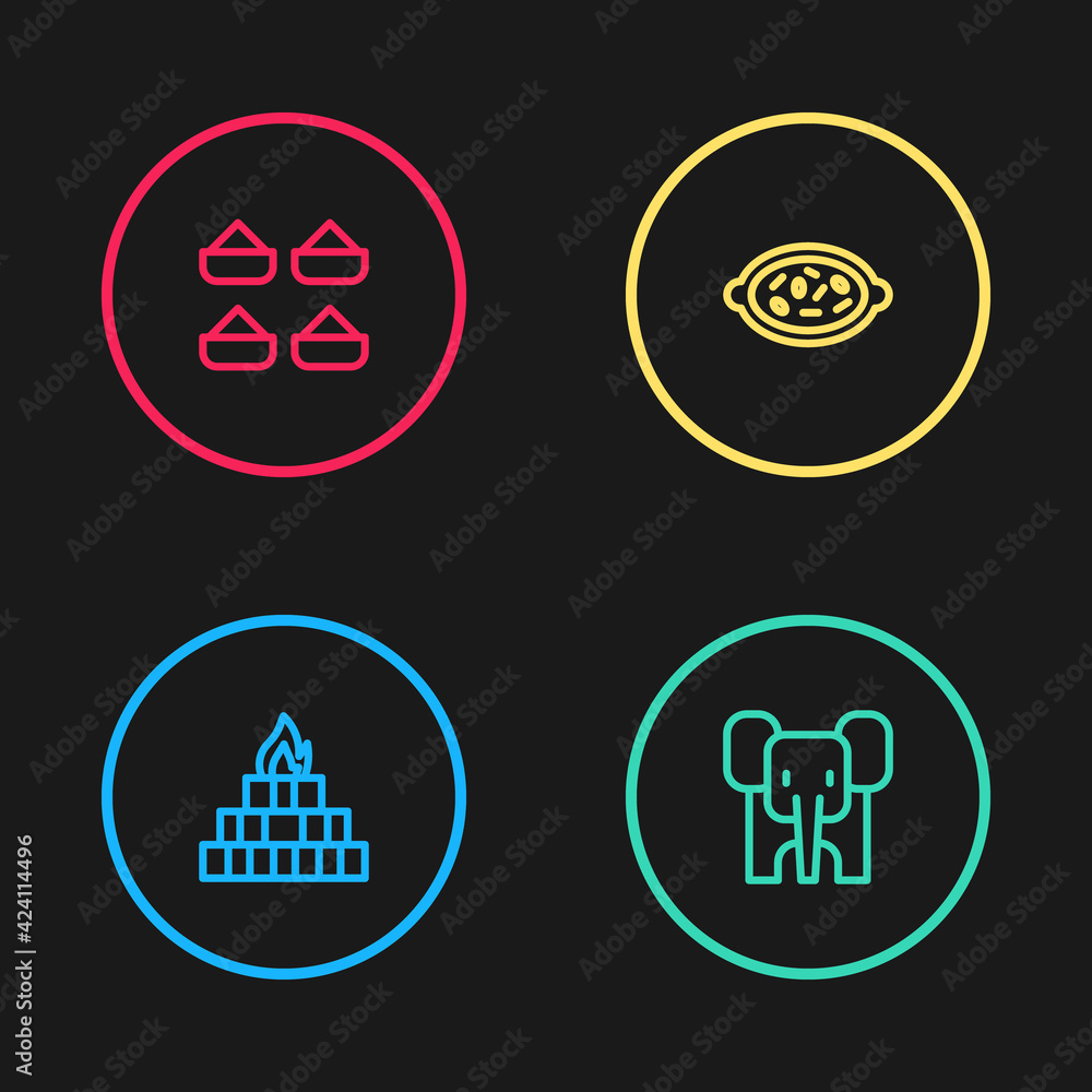 Set line Yagna, Elephant, Kheer in bowl and Indian spice icon. Vector Set line Yagna, Elephant, Kheer in bowl and Indian spice icon. Vector
