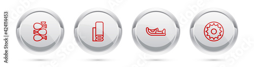 Set line Tandoori chicken, Indian textile fabric, shoes and Chakra. Silver circle button. Vector