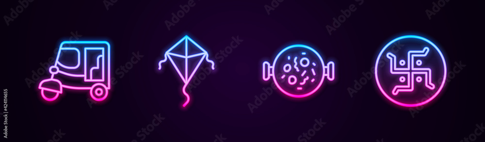 Set line Taxi tuk tuk, Kite, Chicken tikka masala and Hindu swastika. Glowing neon icon. Vector Set line Taxi tuk tuk, Kite, Chicken tikka masala and Hindu swastika. Glowing neon icon. Vector