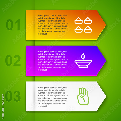 Set line Indian spice, Aroma lamp, symbol hand and Rosary beads religion. Business infographic template. Vector