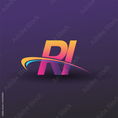initial letter RI logotype company name colored blue, yellow and magenta swoosh design. vector logo for business and company identity.