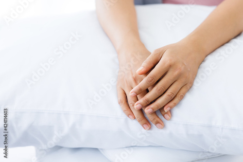 Wallpaper Mural Close up of women disease mammary cancer patient with pink ribbon wearing headscarf After treatment to chemotherapy sit on bed In the bedroom at the house,healthcare,medicine concept Torontodigital.ca