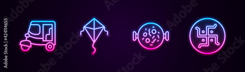 Set line Taxi tuk tuk, Kite, Chicken tikka masala and Hindu swastika. Glowing neon icon. Vector