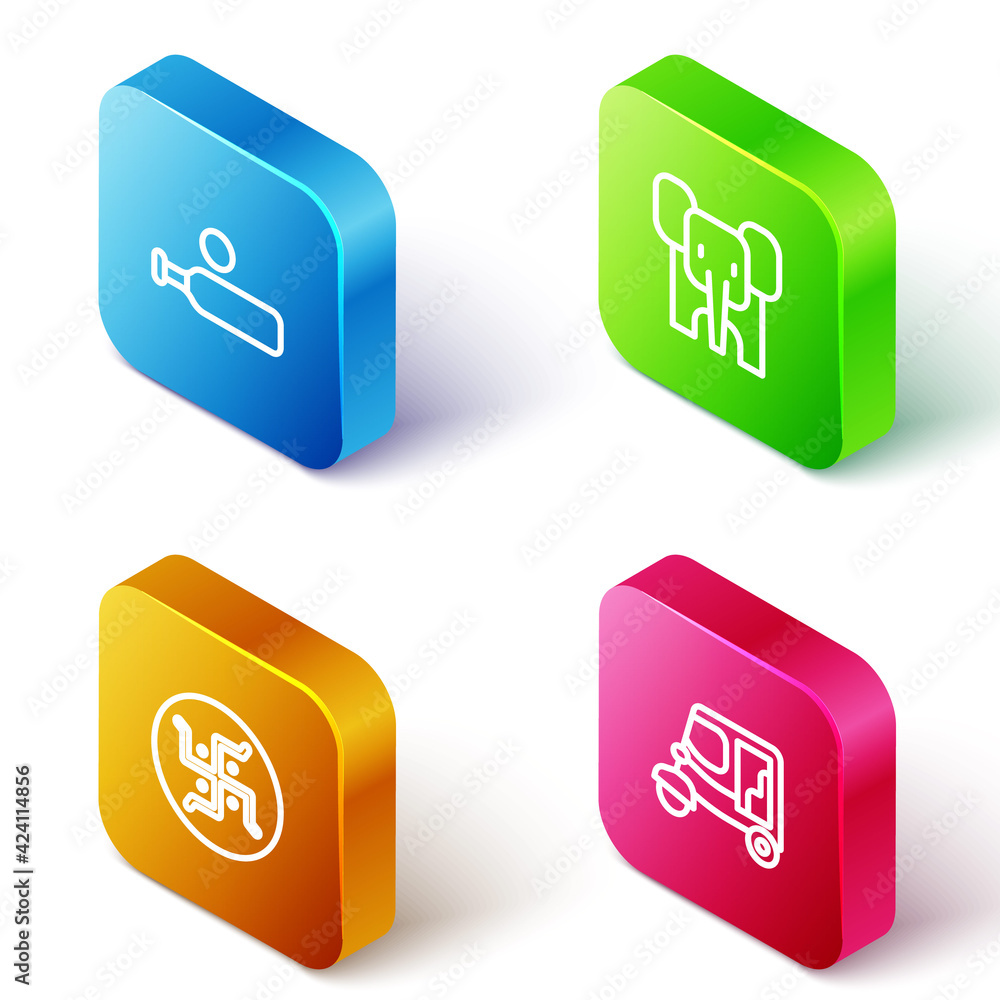 Set Isometric line Wood cricket bat and ball, Elephant, Hindu swastika and Taxi tuk tuk icon. Vector Set Isometric line Wood cricket bat and ball, Elephant, Hindu swastika and Taxi tuk tuk icon. Vector