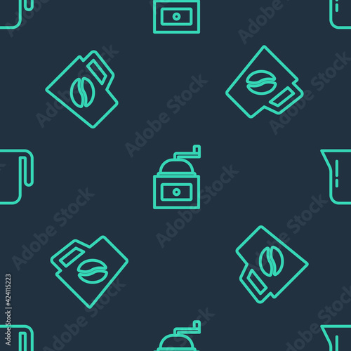 Set line Manual coffee grinder, Coffee cup and pot on seamless pattern. Vector