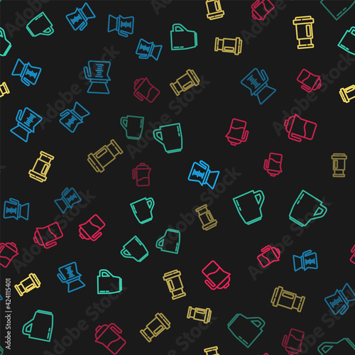 Set line Pour over coffee maker, Coffee cup, Aeropress and French on seamless pattern. Vector