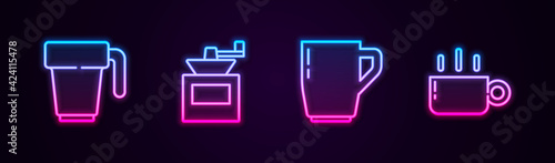 Set line Coffee cup, Manual coffee grinder, and . Glowing neon icon. Vector