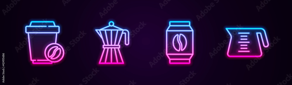 Set line Coffee cup to go, moca pot, Bag coffee beans and . Glowing neon icon. Vector Set line Coffee cup to go, moca pot, Bag coffee beans and . Glowing neon icon. Vector