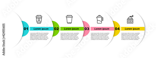 Set line Coffee cup to go, , French press and Manual coffee grinder. Business infographic template. Vector