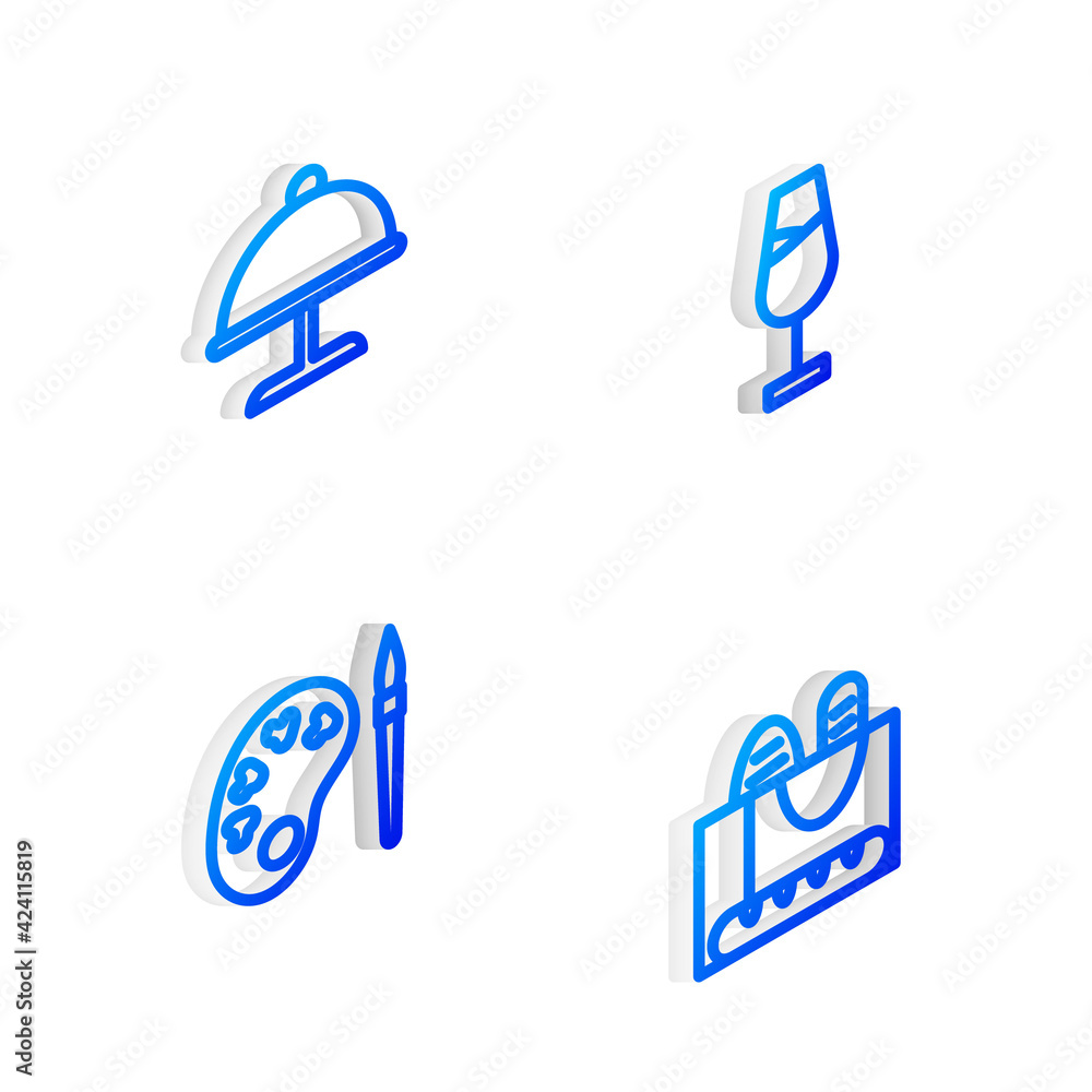 Set Isometric line Wine glass, Covered with tray, Paint brush palette and French baguette bread icon. Vector Set Isometric line Wine glass, Covered with tray, Paint brush palette and French baguette bread icon. Vector