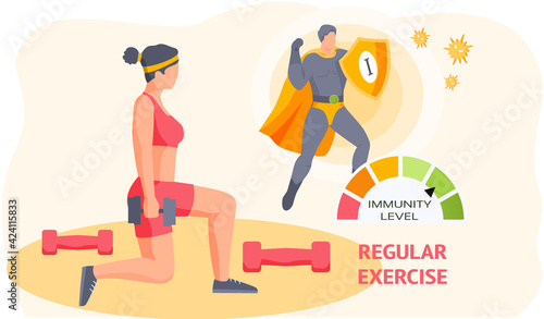 Woman squatting with dumbbell and doing sports. Superhero demonstrates high level of immunity