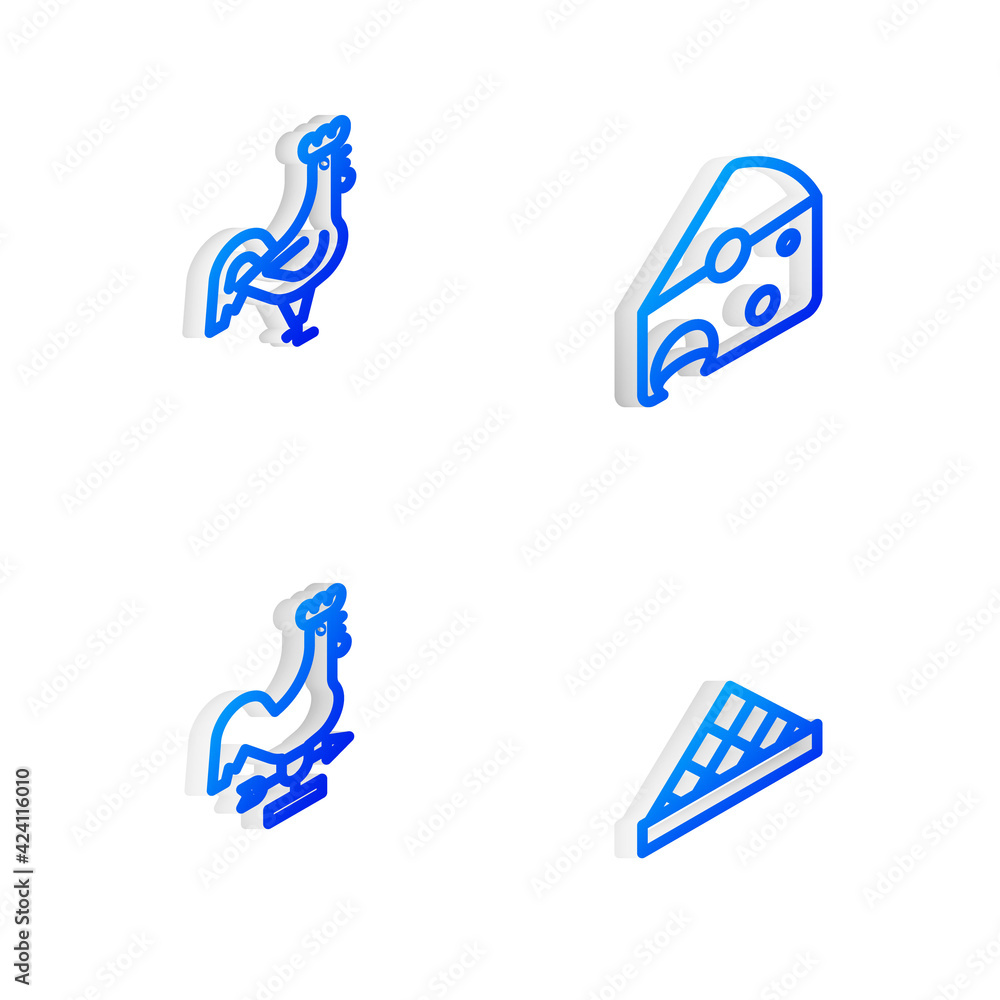 Set Isometric line Cheese, French rooster, Rooster weather vane and Louvre museum icon. Vector Set Isometric line Cheese, French rooster, Rooster weather vane and Louvre museum icon. Vector
