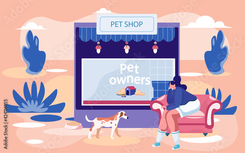 Pet shop, veterinary market, awning with showcase animal accessories store indoors, owner feeds dog