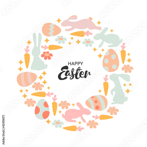 Hand lettering Happy Easter card. Vintage wreath with bunnies, flowers, eggs. Trendy pastel colors