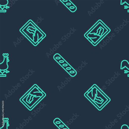 Set line French baguette bread, Portrait in museum and Rooster weather vane on seamless pattern. Vector