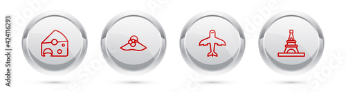 Set line Cheese, Elegant women hat, Plane and Eiffel tower. Silver circle button. Vector