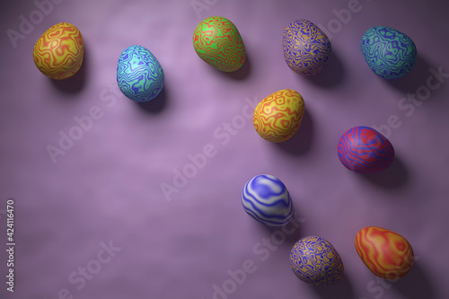 Happy easter. Multicolored Easter eggs with a wavy pattern. 3D rendering. Eggs on a slightly dented colored canvas. Free space for an inscription.