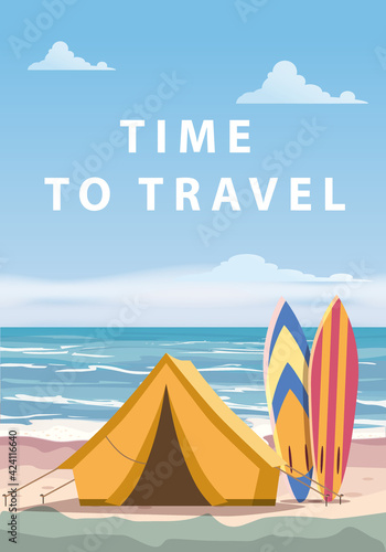 Time to travel. Tourist tent camping on the tropical beach, surfboards, palms. Summer vacation coastline beach sea, ocean, surfing, travel, sunset