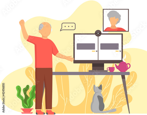 Old people play video game. Senior people with different gadgets. Oldster education on computer