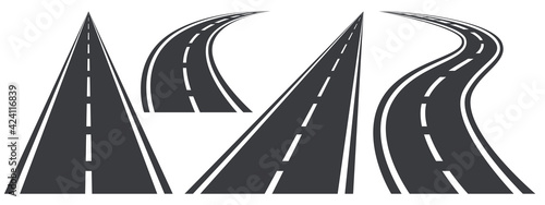 Different curved and straight roads in perspective set. City highways. One asphalt roadway
