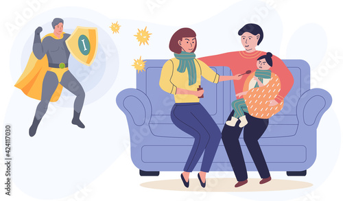Mom gives medicine to daughter. Immunity increase during recovery. Family on self-isolation