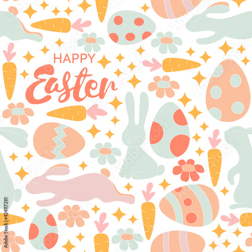 Vector seamless pattern with cute retro icons for Easter design.