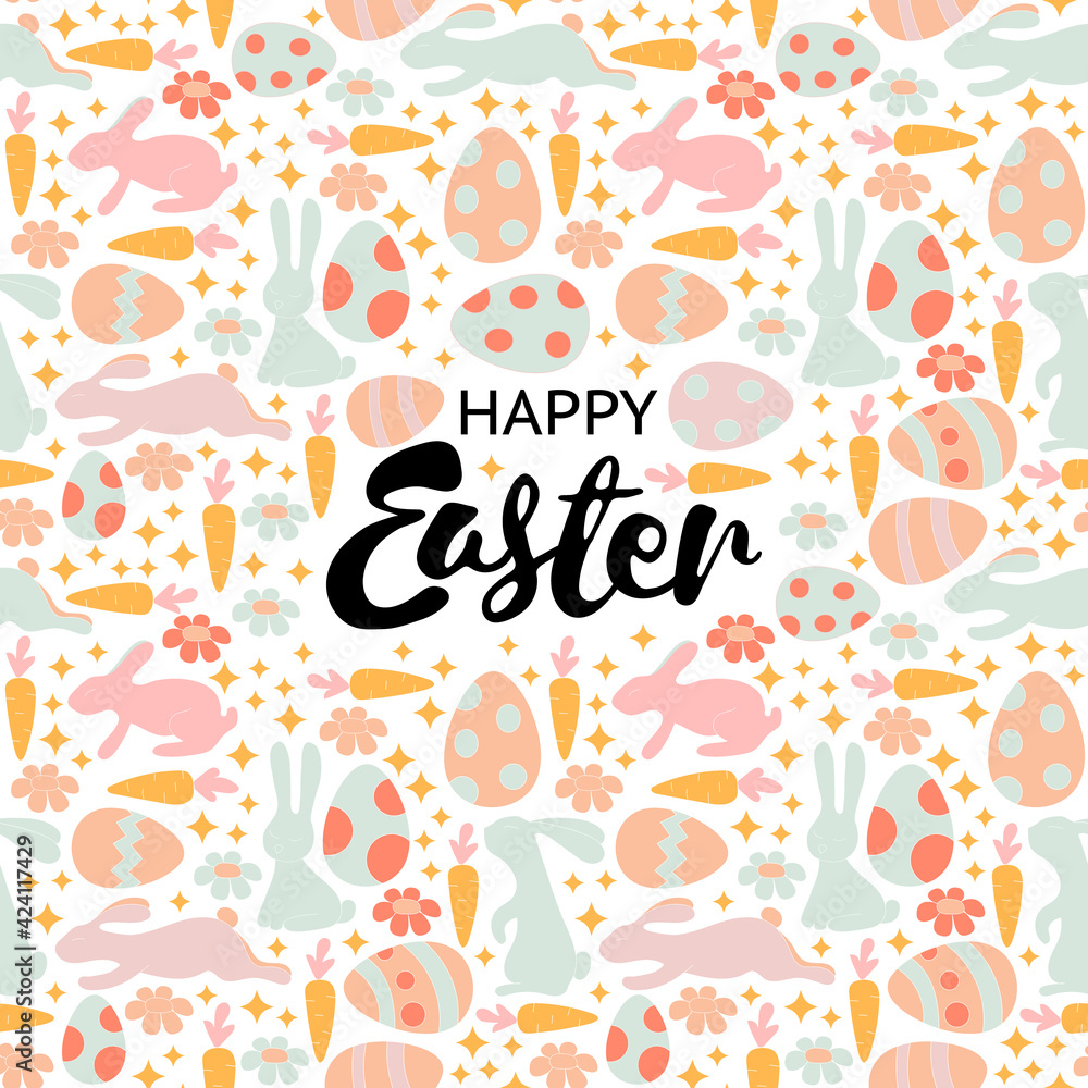 Vector seamless pattern with cute retro icons for Easter design.