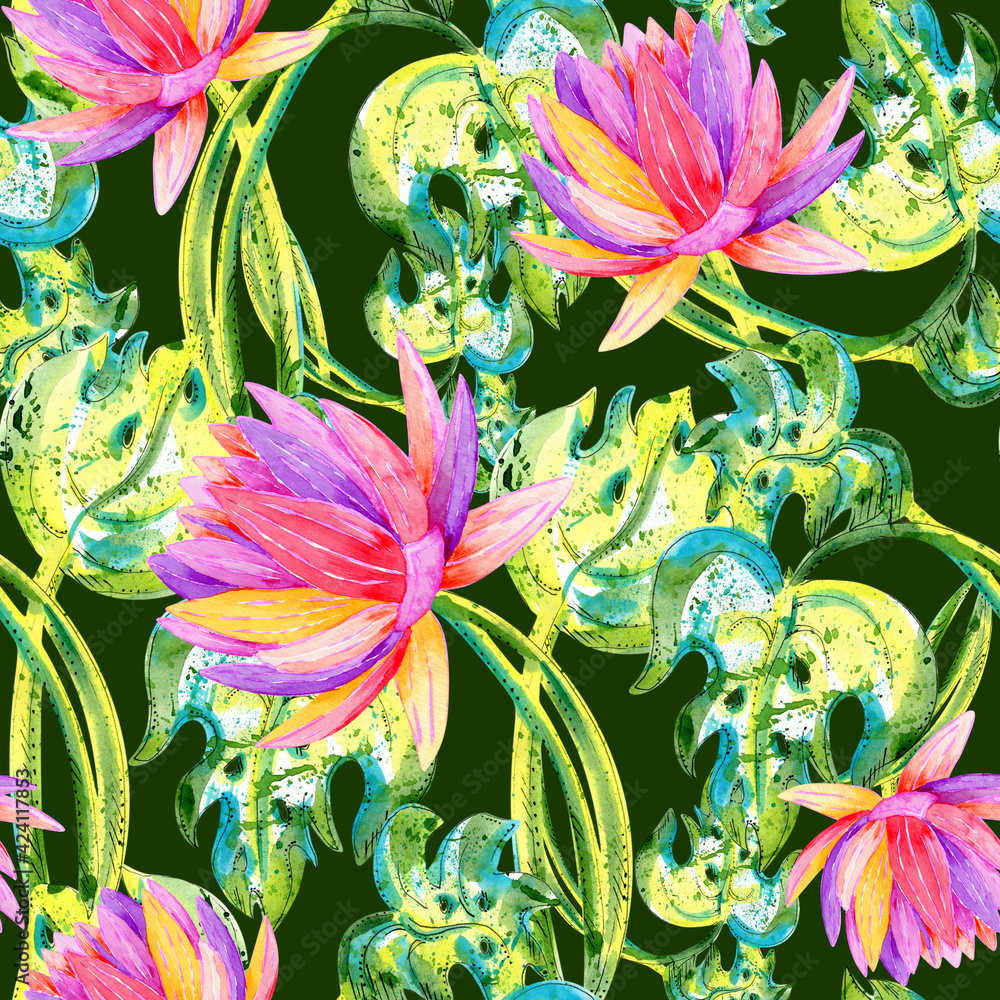 Plakat Exotic tropical floral seamless pattern on a green background. Watercolor lotus and jungle leaves print.