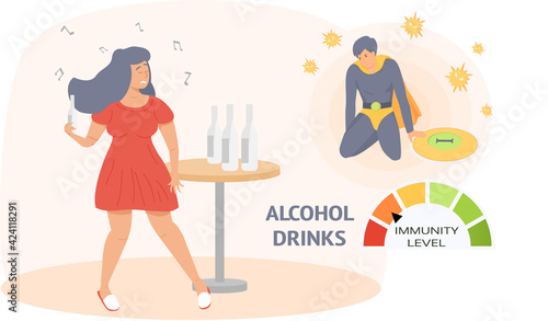 Girl drinks alcohol alone and makes music at home. Immunity level decreases due to drinking