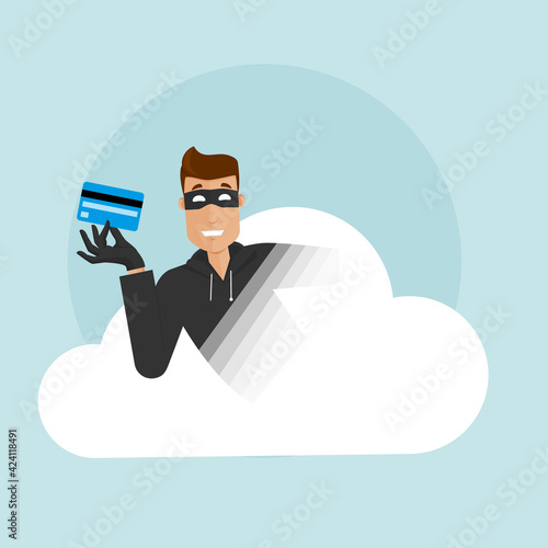 A smiling thief hacks into cloud storage and pulls out credit card data.