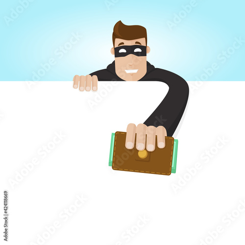 A thief steals a portmanteau. The crook pulls out the purse. Stealing money.
