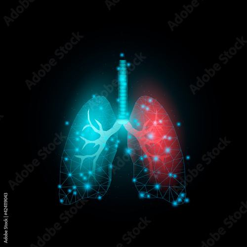 Lungs. World Asthma Day concept. Banner template with glowing low poly. Futuristic modern abstract. Isolated on dark background. Vector illustration.