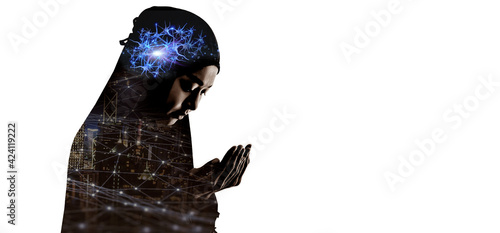 Canvas Print iot,Young beautiful girl wearing muslim hijab thinking with hand on head