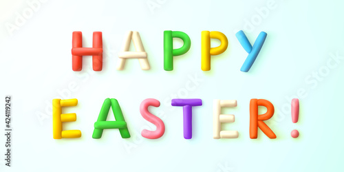 Happy easter. Congratulatory inscription of colorful letters from plasticine isolated on light blue background with soft shadow. Easter decoration. Design element
