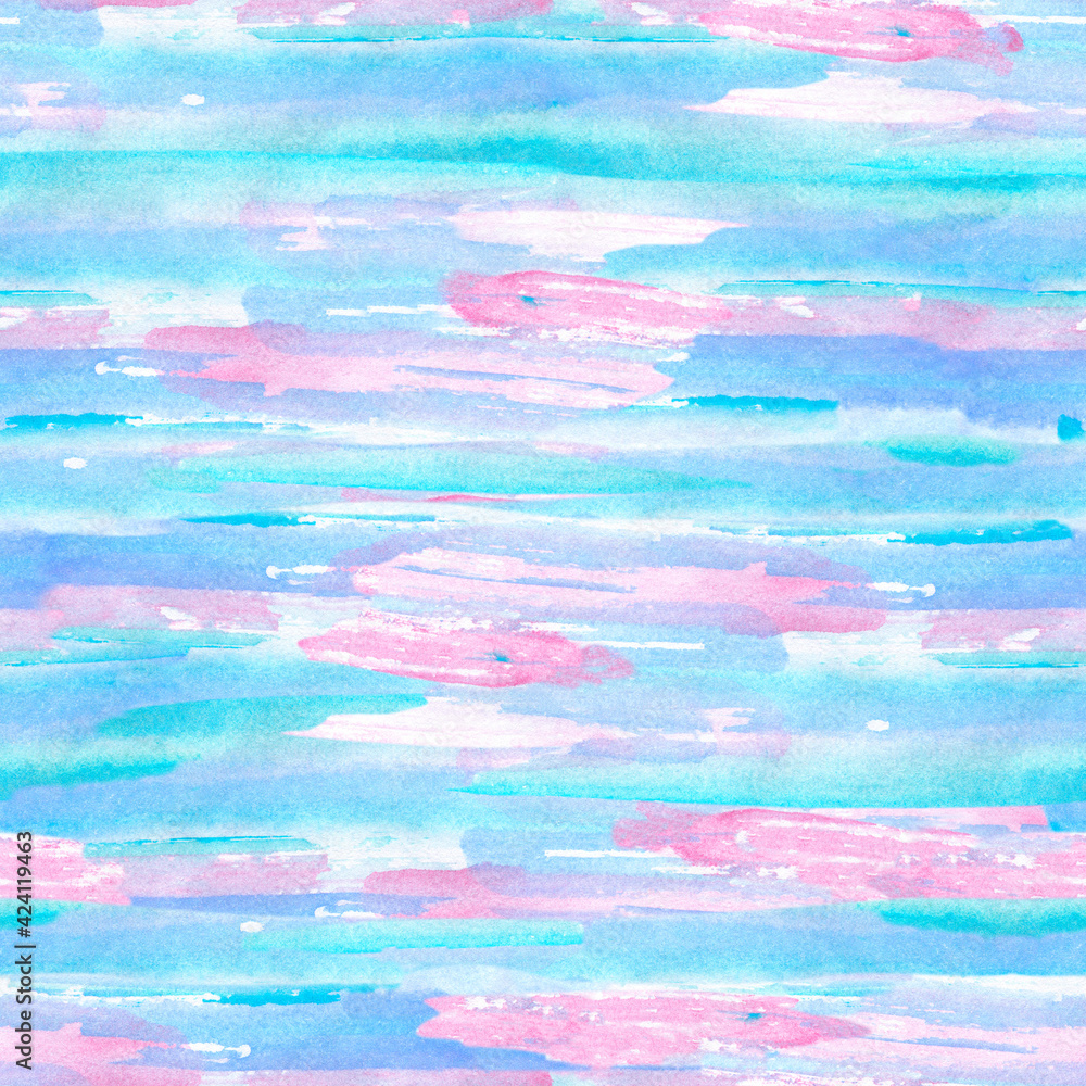 Watercolor blue pink seamless abstract sky background. 