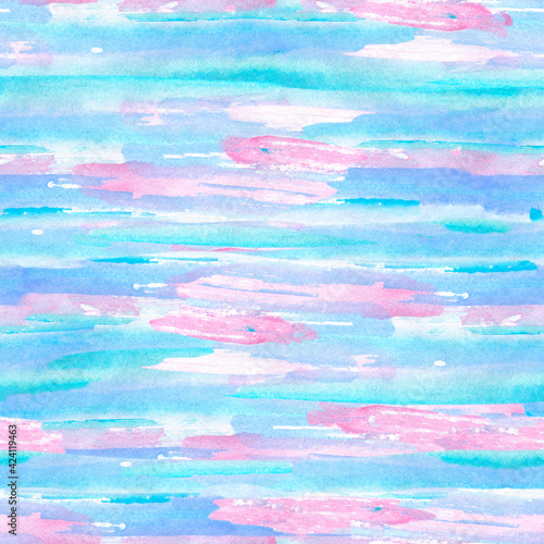 Watercolor blue pink seamless abstract sky background. 