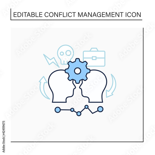 Conflict management line icon. Conflict between two persons. Successfully handles, resolves issues sensibly and fairly. Misunderstanding concept. Isolated vector illustration. Editable stroke