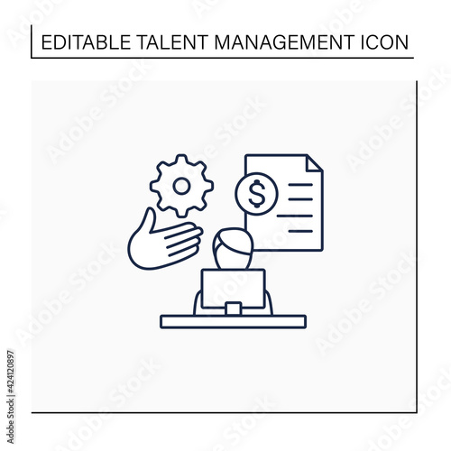 Payroll management line icon.Staff administration, managementing financial reports, salaries and bonuses.Employee works on laptop.Talent management concept. Isolated vector illustration