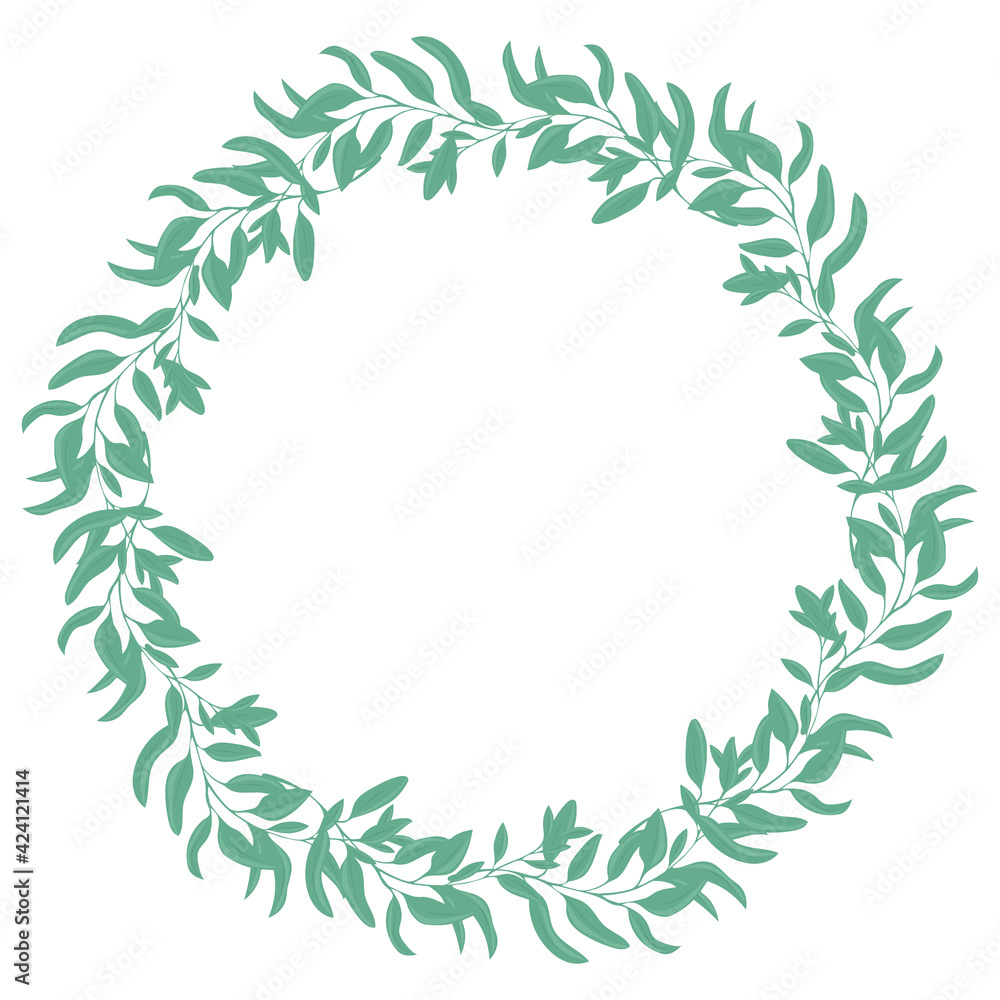 Round frame with leaves. Twigs with leaves in circle. Simple wreath of greenery. Rim template for postcard vector illustration