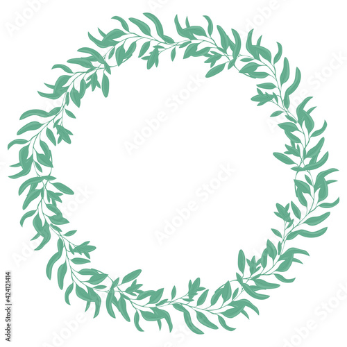 Round frame with leaves. Twigs with leaves in circle. Simple wreath of greenery. Rim template for postcard vector illustration
