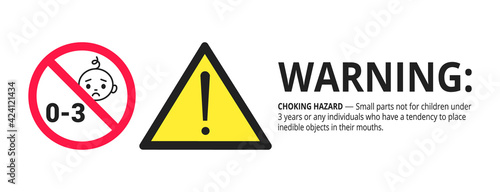 Choking warning hazard forbidden sign sticker not suitable for children under 3 years isolated on white background vector illustration. Warning triangle and examination mark, sharp edges.