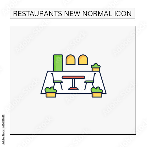 Patio dining color icon. Outdoor dining space. Forced distance. Regulation through covid19. Restaurants new normal concept. Isolated vector illustration