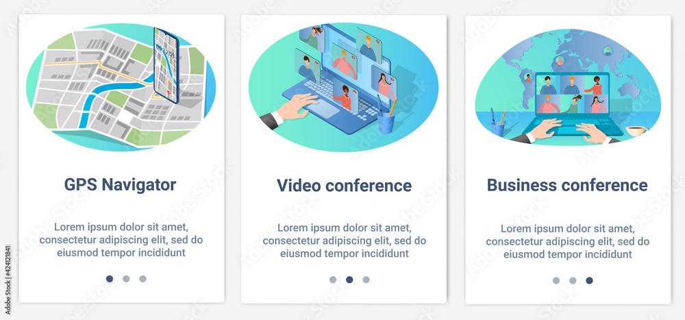 Modern flat illustrations in the form of a slider for web design. A set of UI and UX interfaces for the user interface.GPS navigation and business conference. Modern flat illustrations in the form of a slider for web design. A set of UI and UX interfaces for the user interface.GPS navigation and business conference.