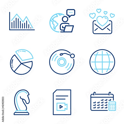 Education icons set. Included icon as Vinyl record, Globe, Pie chart signs. Calendar, Love mail, Marketing strategy symbols. Investment graph, Video file line icons. Line icons set. Vector