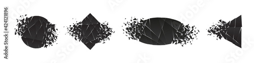 Shape shattered and explodes flat style design vector illustration set isolated on white background. Triangle, hexagon, square, rectangle and rhombus shapes in grayscale gradient exploding collection.