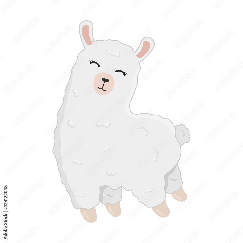 Fototapeta premium Illustration of cute cartoon alpaca isolated on white background. Print for t-shirts, posters, greeting cards, stickers, design and more. Cartoon llama